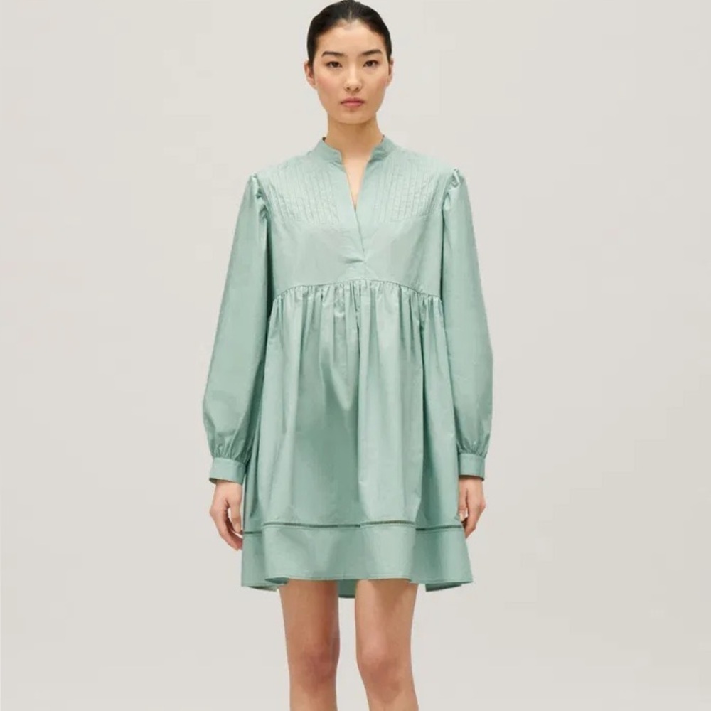 Claudie Pierlot Gathered Lattice Trimmed Cotton Poplin Mini Dress FR34 or US2